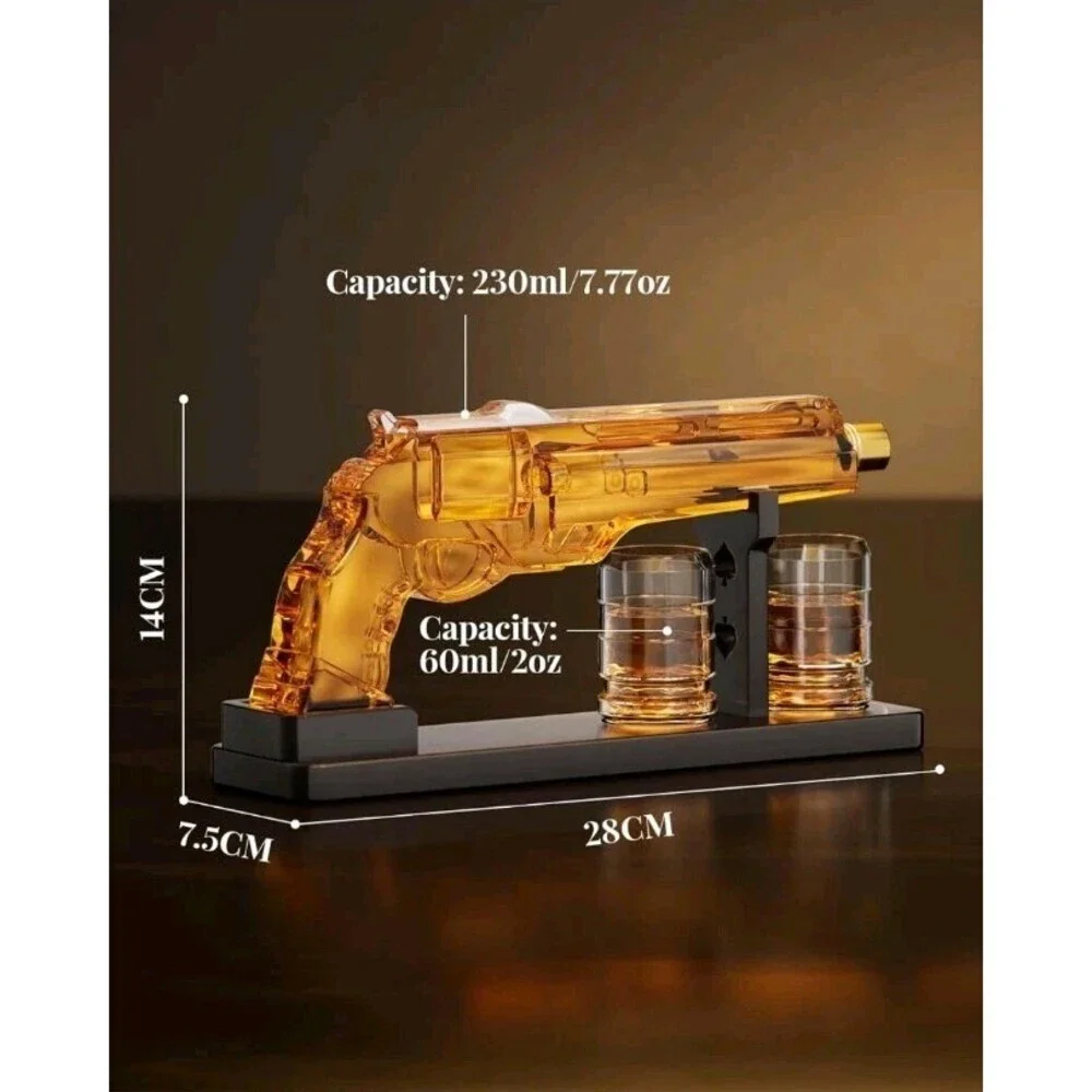 Handcrafted Revolver Whiskey Decanter Set W/ Shot Glasses Perfect Gift Men New